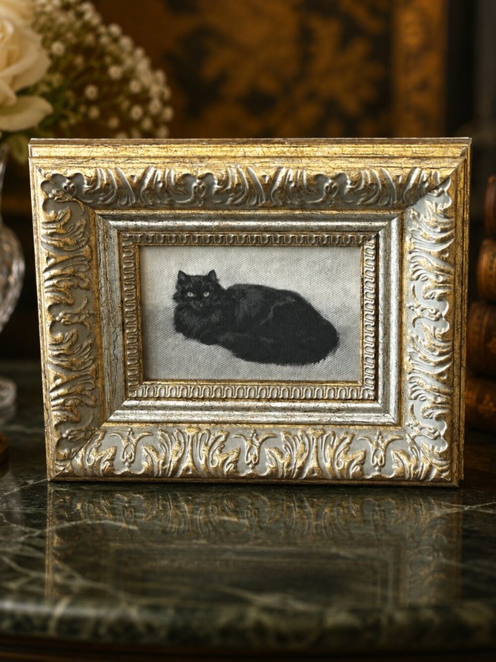 Vintage Black Cat Ornate Frame Dark Academia Halloween Framed Art